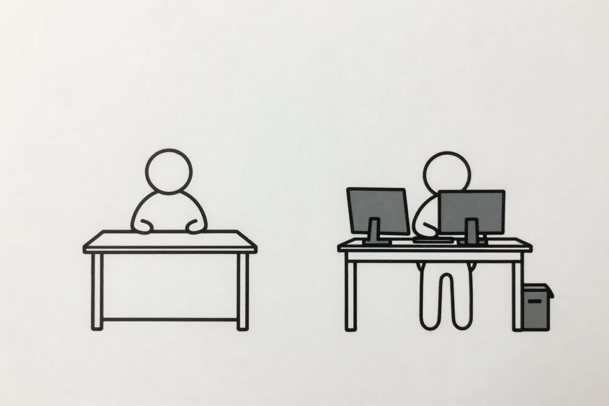 A before-and-after graphic showing a journalist's desk transforming into a developer setup with multiple monitors