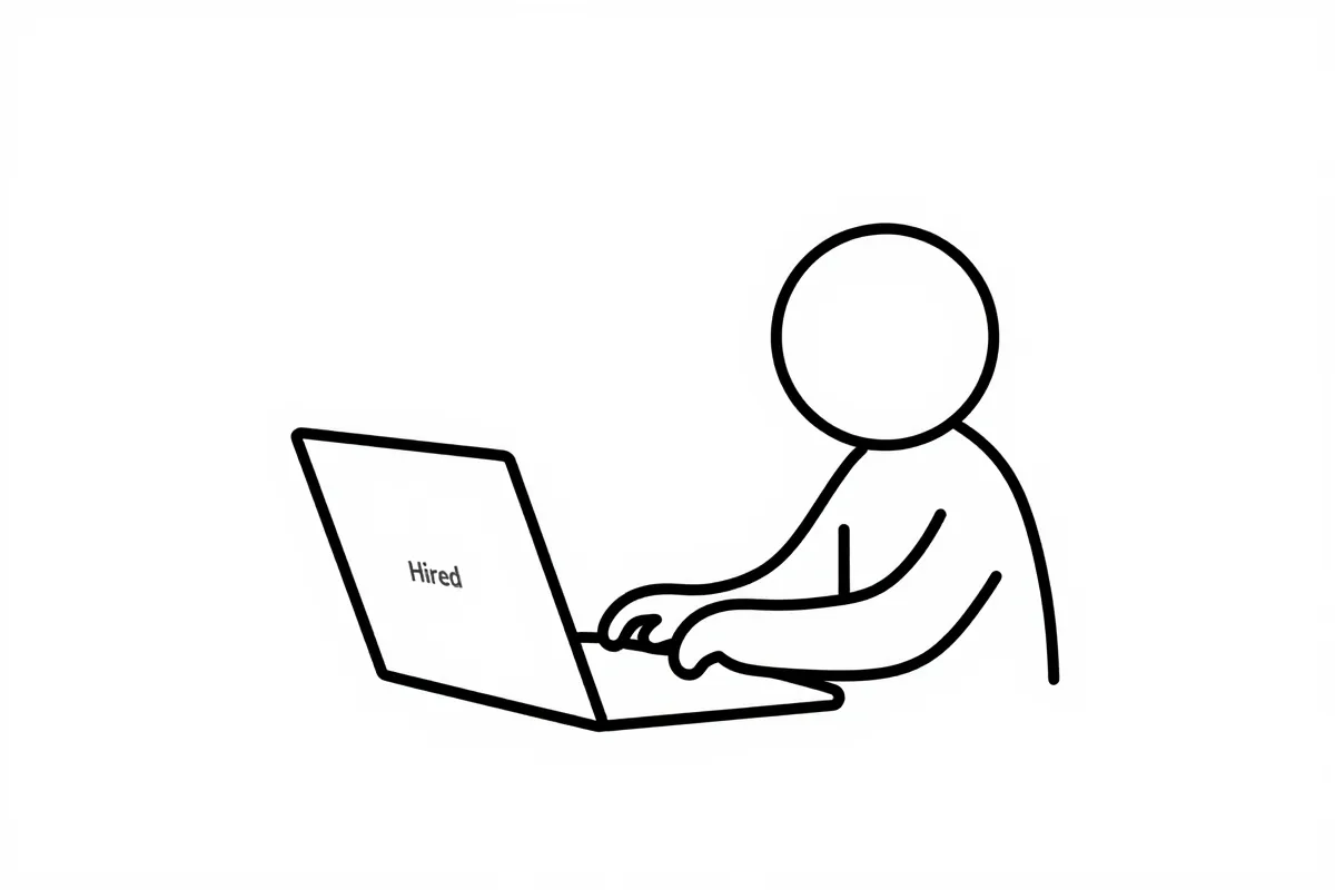 Hands typing code on a laptop with a “Hired” sticker visible on the screen
