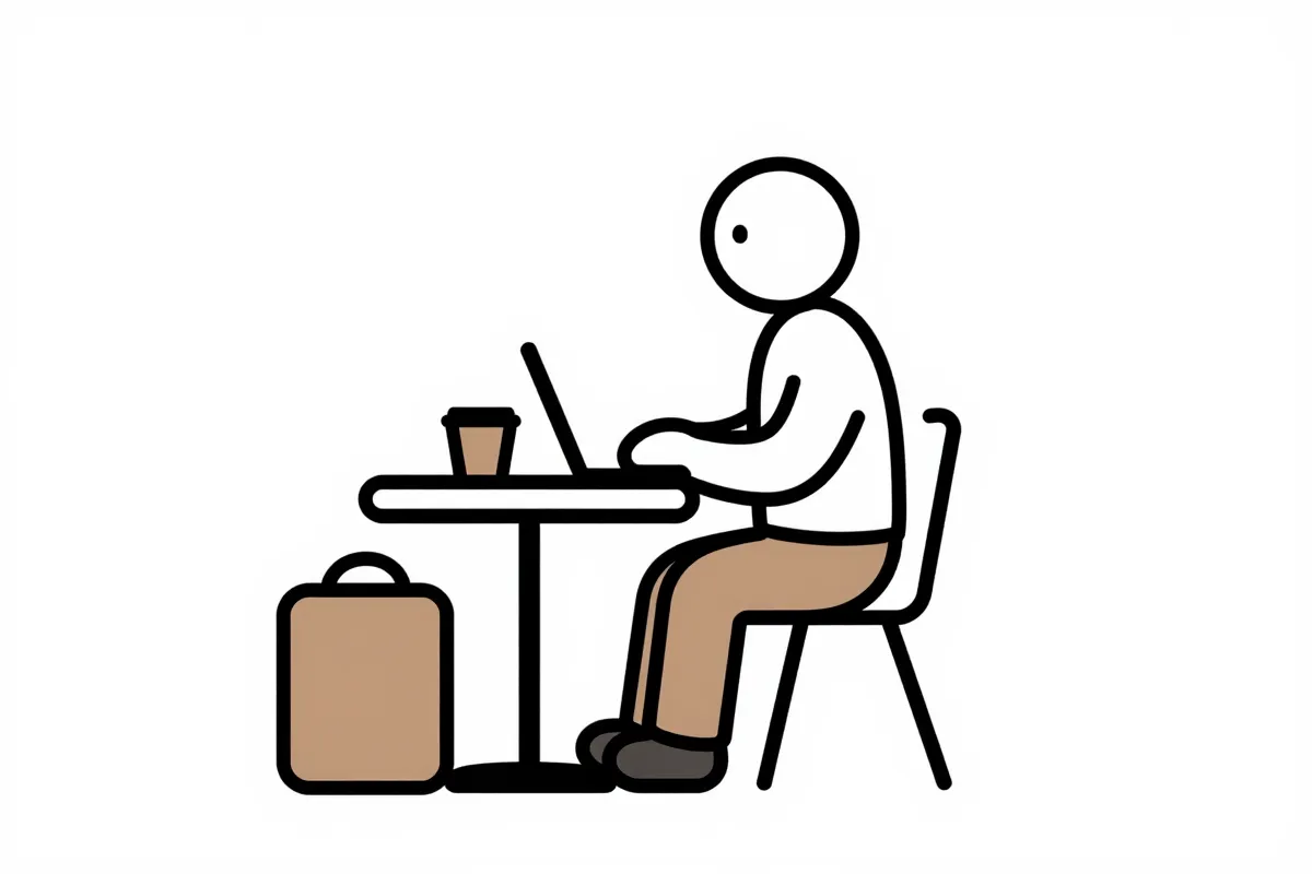 tech employee working remotely from a coffee shop while traveling