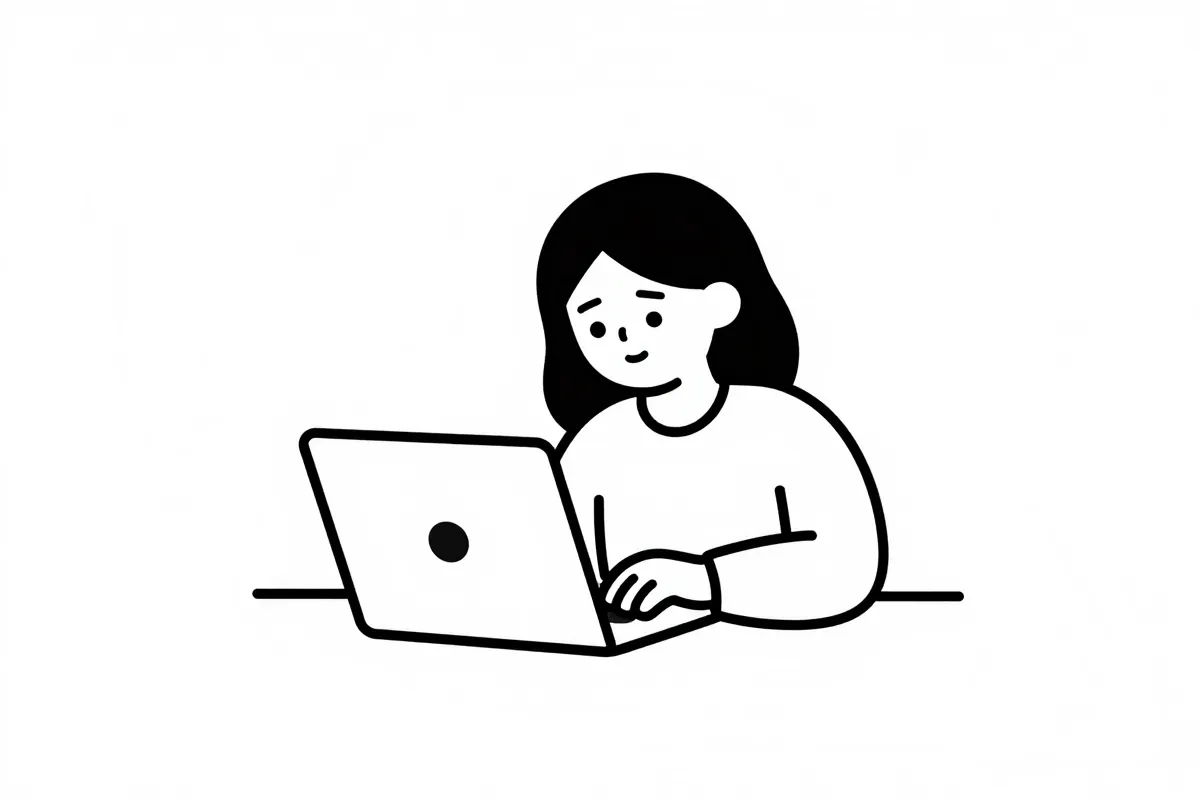 A tired but smiling woman learning coding on a laptop during her evening break after work