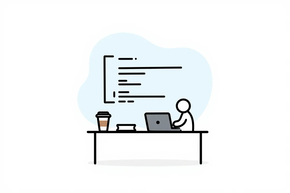 Motivational desk setup with code on screen, coffee, and a notebook showing a personal learning plan