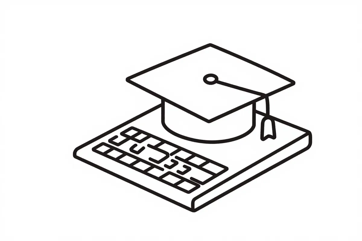 Graduation cap placed on a laptop keyboard with code on screen symbolizing affordable tech education