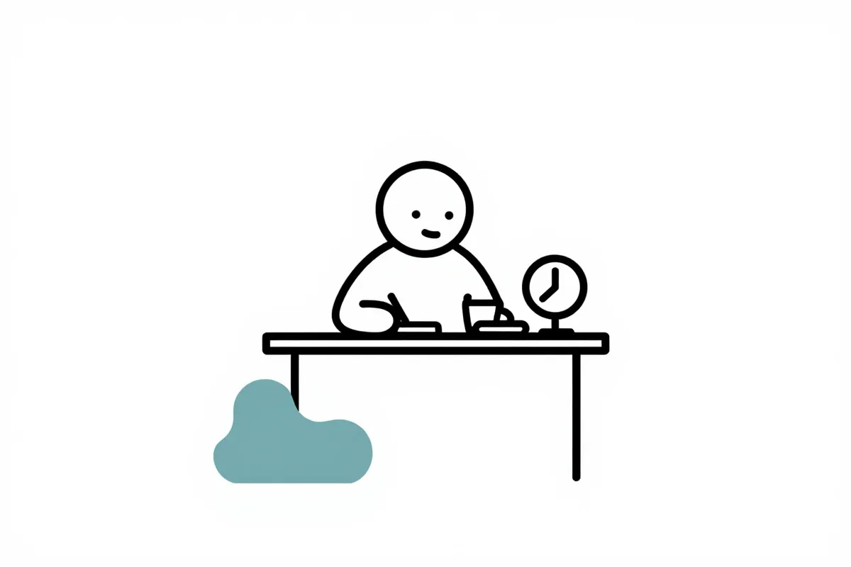 Fren-looking man studying at desk with notes and coffee, clock showing 7:15 PM